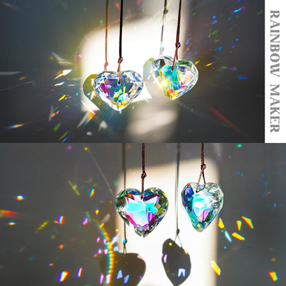 H&D HYALINE & DORA 2PCS 50mm Suncatcher Crystal Heart Prisms Hanging for Windows,AB Color Heart Shape Prisms Rainbow, Glass Chandelier Prism Sun Catcher with Rope