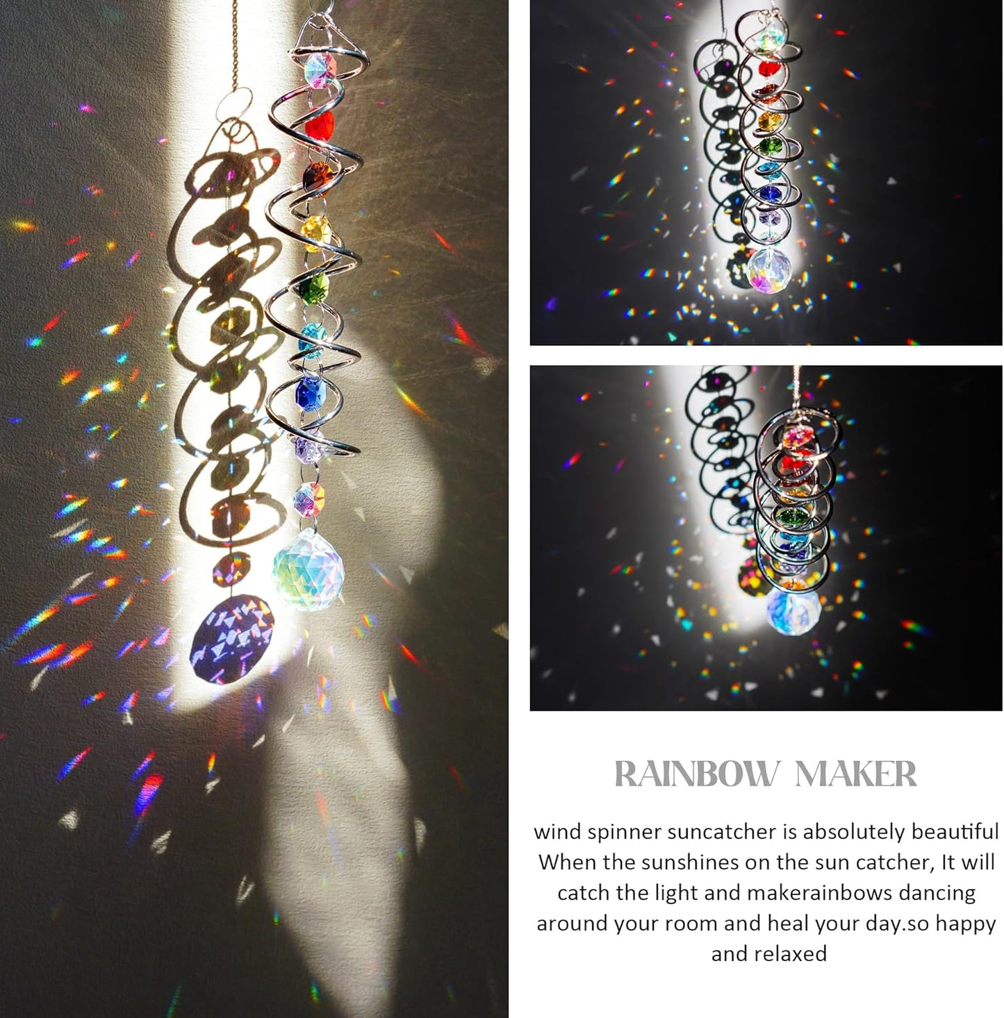 Sun Catchers for Windows,Crystal Sun Catcher with Seven Chakra Beads,Decorative Wind Spinner Tail Suncatcher 17.7in,Gazing Balls Spiral Tail for Indoor Christmas Decoration