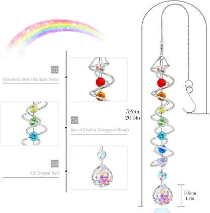 Sun Catchers for Windows,Crystal Sun Catcher with Seven Chakra Beads,Decorative Wind Spinner Tail Suncatcher 17.7in,Gazing Balls Spiral Tail for Indoor Christmas Decoration