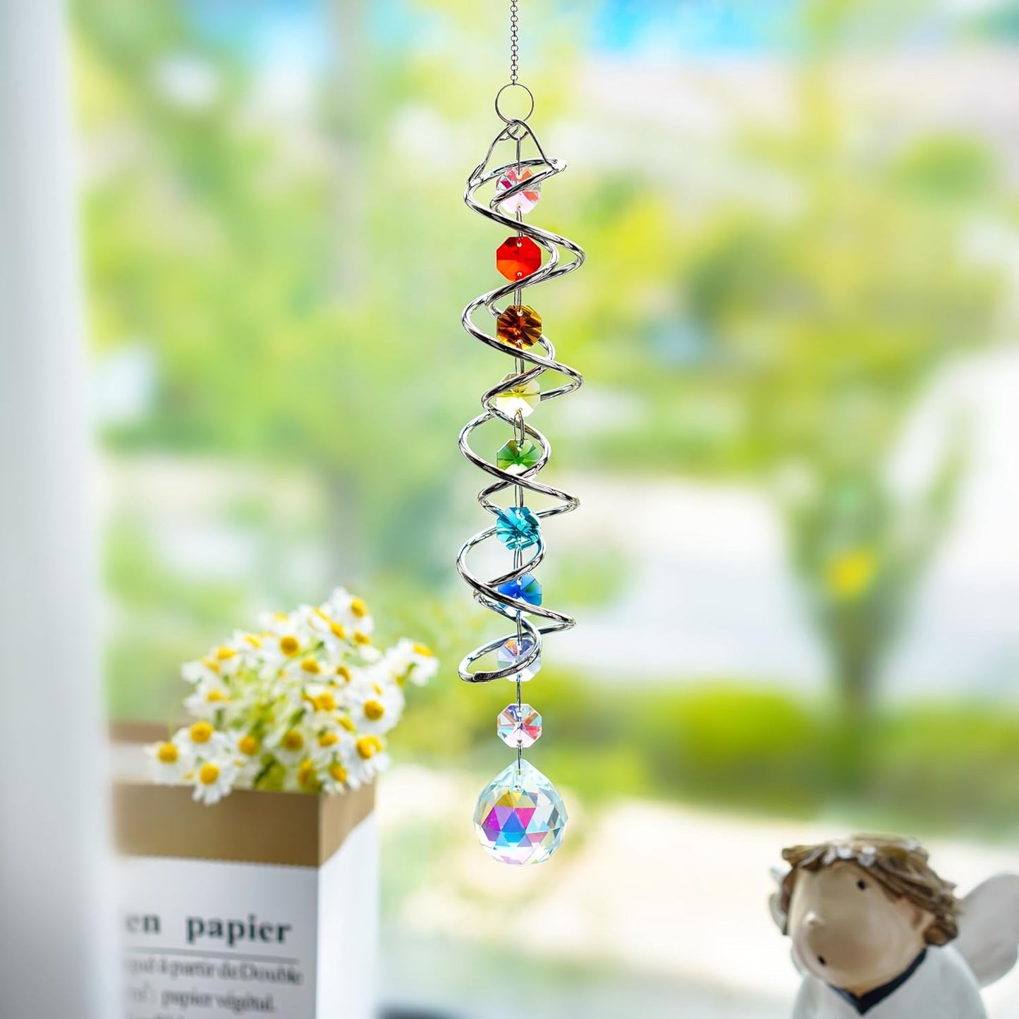 Sun Catchers for Windows,Crystal Sun Catcher with Seven Chakra Beads,Decorative Wind Spinner Tail Suncatcher 17.7in,Gazing Balls Spiral Tail for Indoor Christmas Decoration