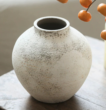 QFkris Works of Art of Earthenware, Handmade Distressed Textured Earthen Vase, Large Round Matte Ceramic Pot, Rustic Farmhouse Earthenware Flower Vase for Floor Table Decor