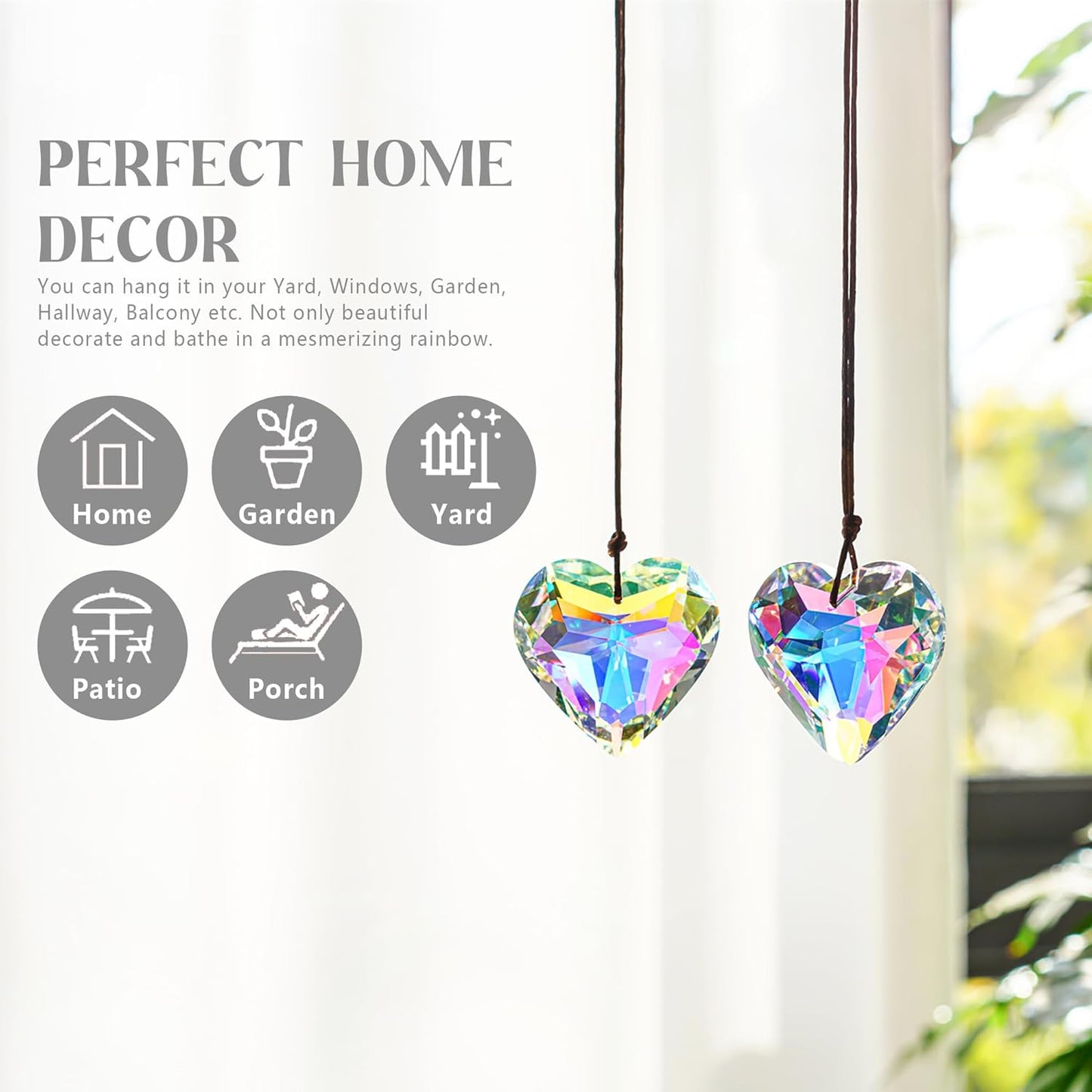 H&D HYALINE & DORA 2PCS 50mm Suncatcher Crystal Heart Prisms Hanging for Windows,AB Color Heart Shape Prisms Rainbow, Glass Chandelier Prism Sun Catcher with Rope