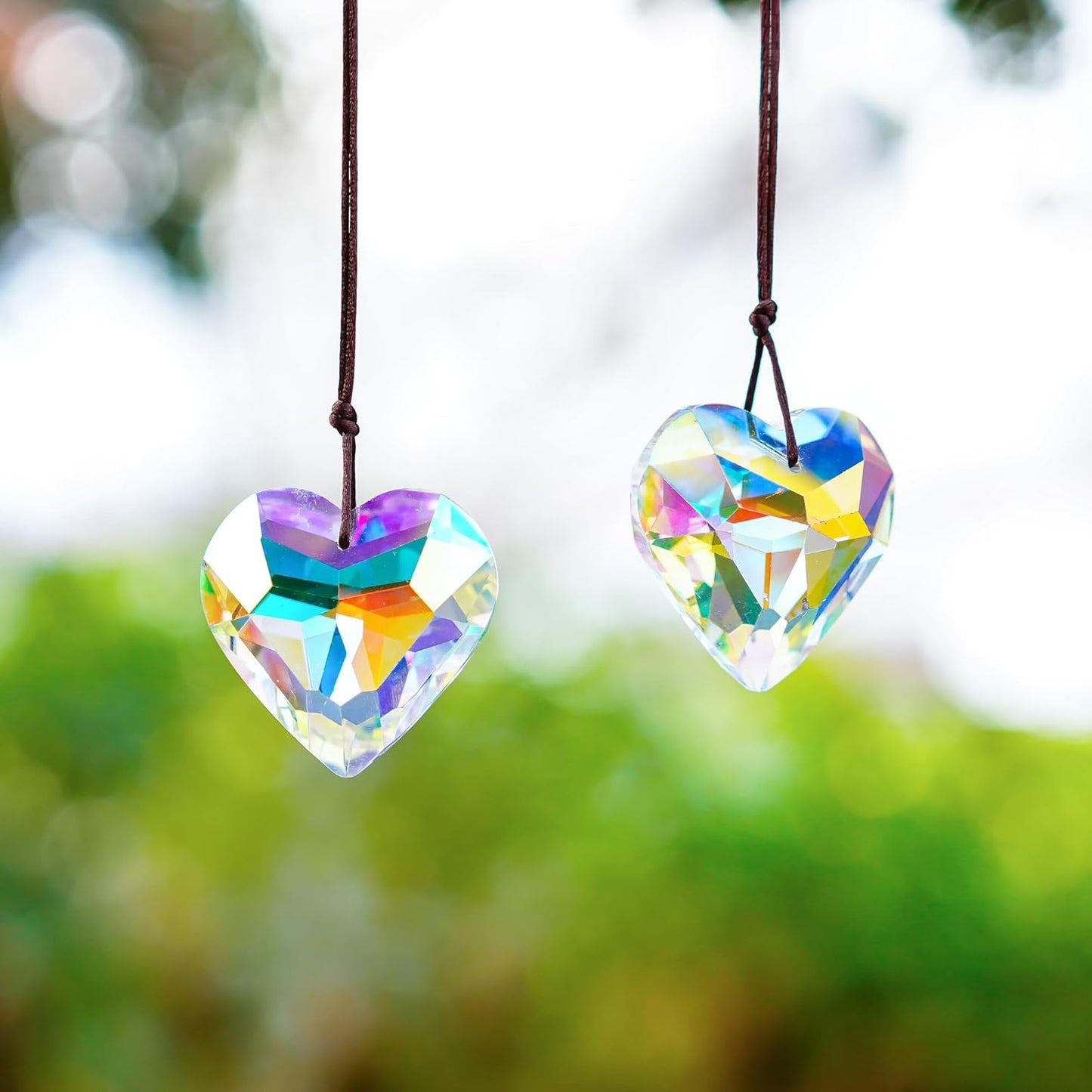H&D HYALINE & DORA 2PCS 50mm Suncatcher Crystal Heart Prisms Hanging for Windows,AB Color Heart Shape Prisms Rainbow, Glass Chandelier Prism Sun Catcher with Rope