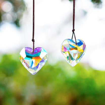H&D HYALINE & DORA 2PCS 50mm Suncatcher Crystal Heart Prisms Hanging for Windows,AB Color Heart Shape Prisms Rainbow, Glass Chandelier Prism Sun Catcher with Rope