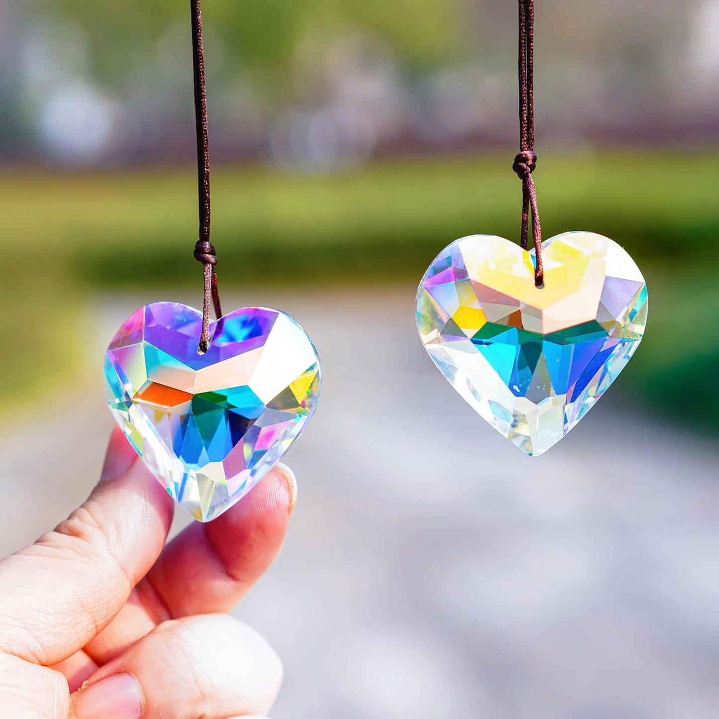 H&D HYALINE & DORA 2PCS 50mm Suncatcher Crystal Heart Prisms Hanging for Windows,AB Color Heart Shape Prisms Rainbow, Glass Chandelier Prism Sun Catcher with Rope