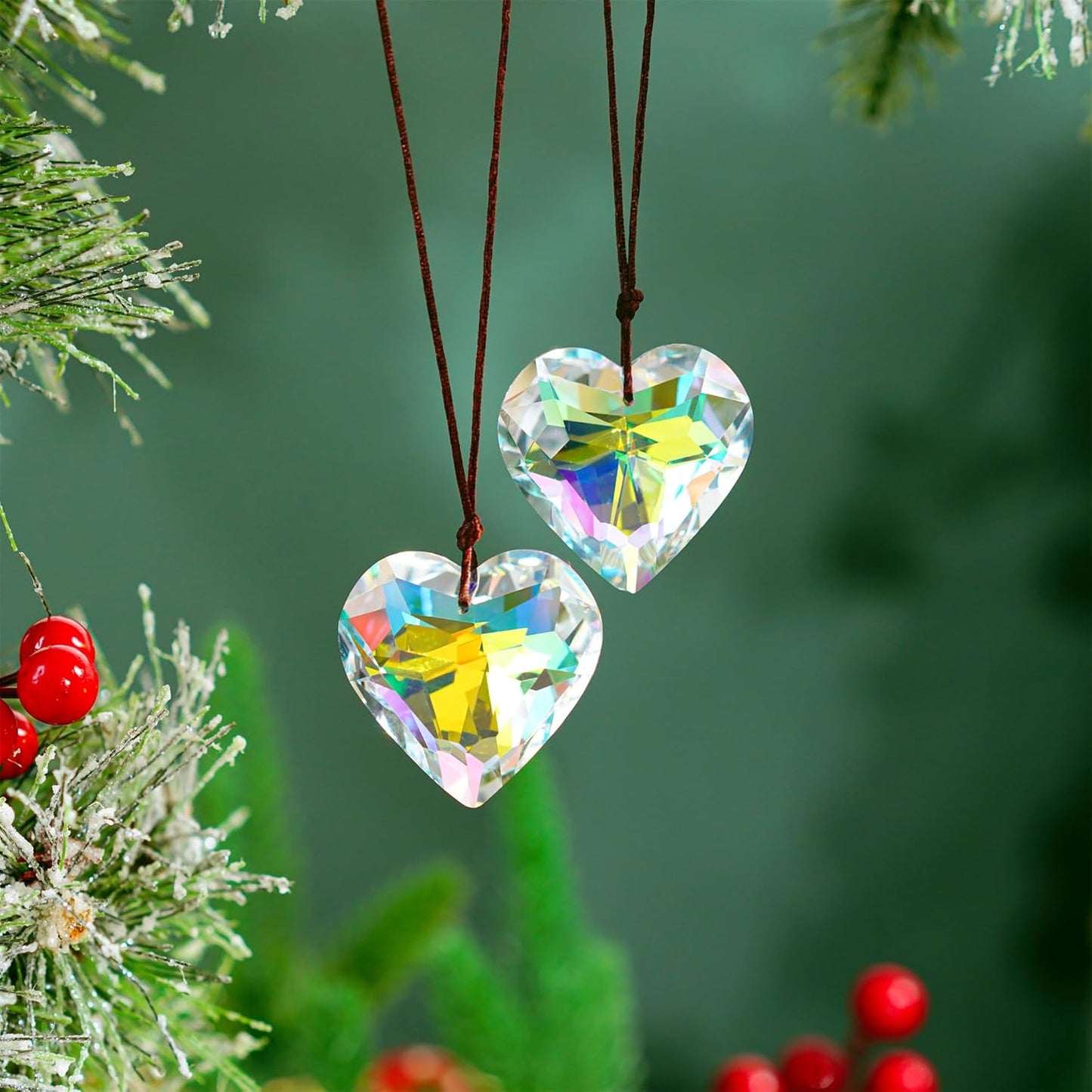 H&D HYALINE & DORA 2PCS 50mm Suncatcher Crystal Heart Prisms Hanging for Windows,AB Color Heart Shape Prisms Rainbow, Glass Chandelier Prism Sun Catcher with Rope