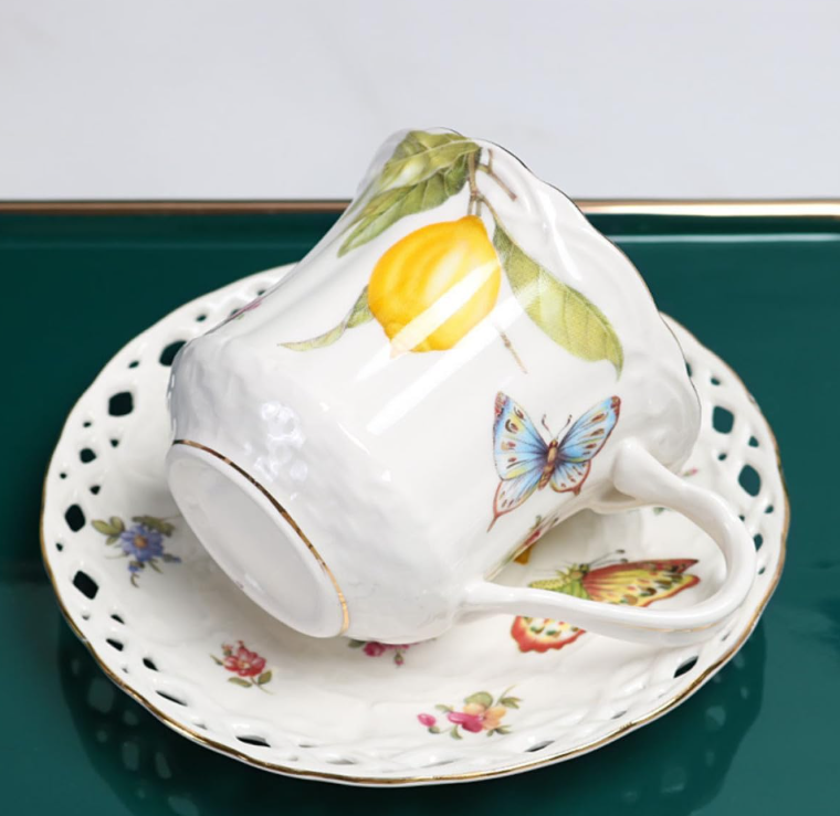 KANPURA Floral Crockery Drinking Cups, Hollow Cutout Porcelain Tea Cup with Matching Saucer, Lemon Butterfly Pattern Bone China Crockery Drinking Cups for Daily Coffee Serving
