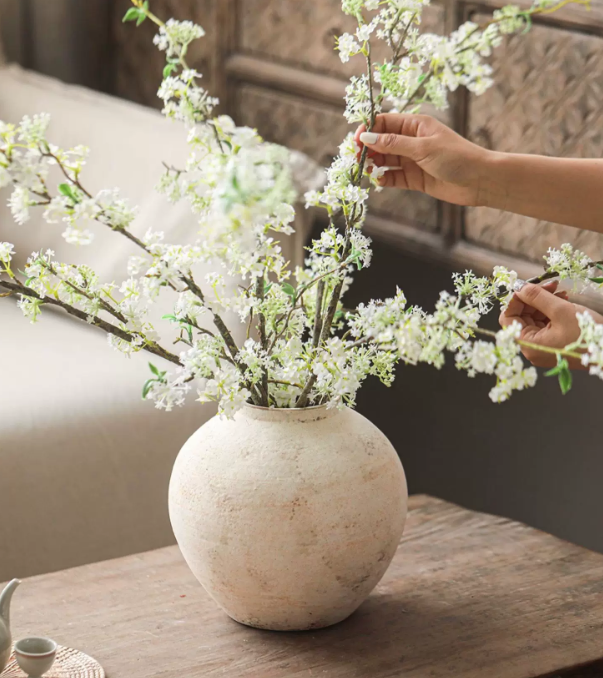 QFkris Works of Art of Earthenware, Handmade Distressed Textured Earthen Vase, Large Round Matte Ceramic Pot, Rustic Farmhouse Earthenware Flower Vase for Floor Table Decor