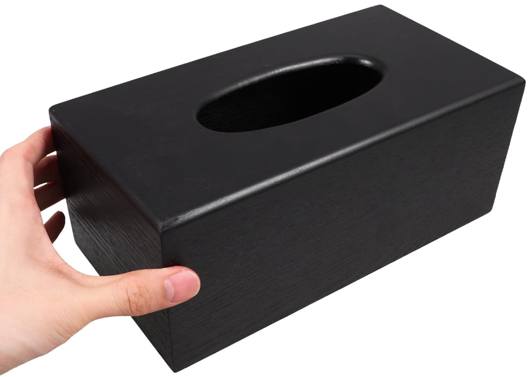 QFkris Wooden Texture Boxes for dispensing paper towels for household use, Black Rectangular Tissue Box Holder with Side Sliding Cover for Kitchen Bathroom Countertop