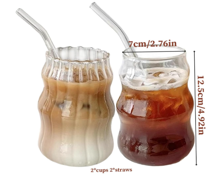 KANPURA Beverage glassware, Vertical Striped Wavy Glass Coffee Cups with Glass Straws, Creative Curved Shaped Clear Tumblers for Iced Latte Juice Soda