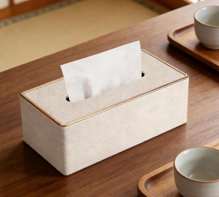 KANPURA Boxes for dispensing paper towels for household use, Light Linen Textured Rectangular Tissue Box Holder with Gold Trim, Flip Top Decorative Napkin Dispenser for Kitchen Bathroom Tabletop