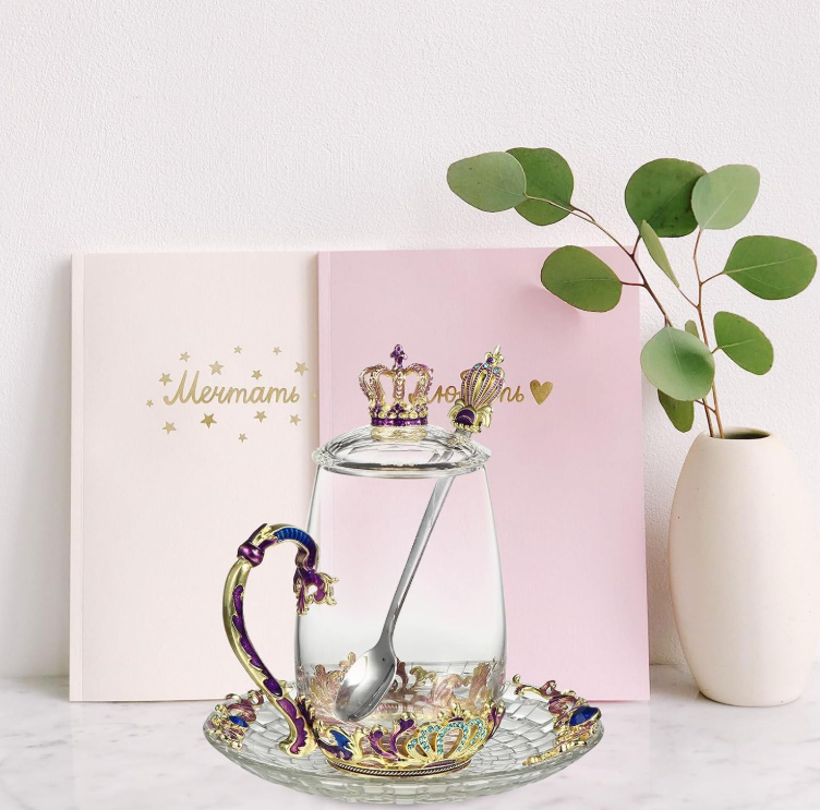 QFkris Enamelled glass, not for building, 370ml Floral Crown Enamel Glass Mug Set with Lid Spoon Saucer, Clear Heat Resistant Coffee Tea Cup Gift for Wedding Birthday Anniversary