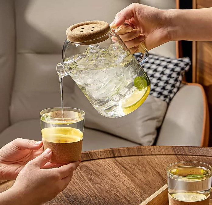 KANPURA Glass Pitchers, Large Capacity Water Carafe with Handle & Cork Lid, Beverage Pitcher for Juice, Iced Tea and Cold Water