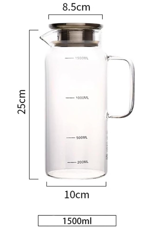 QFkris 1.5L Borosilicate Glass Water Jug, 1.5 Liter Beverage Pitcher with Measuring Scale Markings and Airtight Stainless Steel Lid