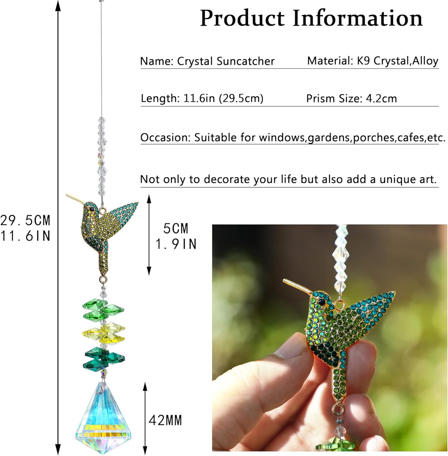 H&D HYALINE & DORA Rhinestone Hummingbird Crystal Sun Catcher, Glass Window Hanging Ornament with Crystal Prism for Indoor Outdoor Home Garden Party Decor