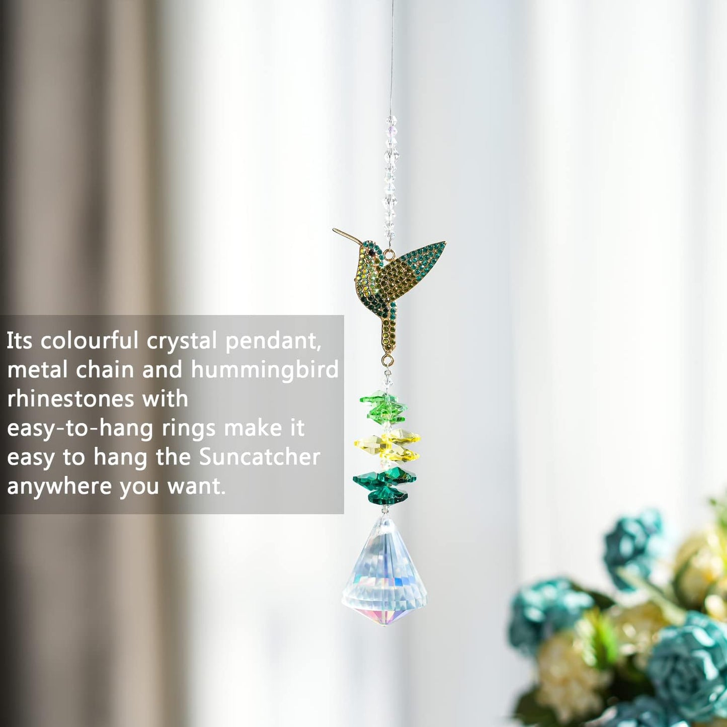 H&D HYALINE & DORA Rhinestone Hummingbird Crystal Sun Catcher, Glass Window Hanging Ornament with Crystal Prism for Indoor Outdoor Home Garden Party Decor