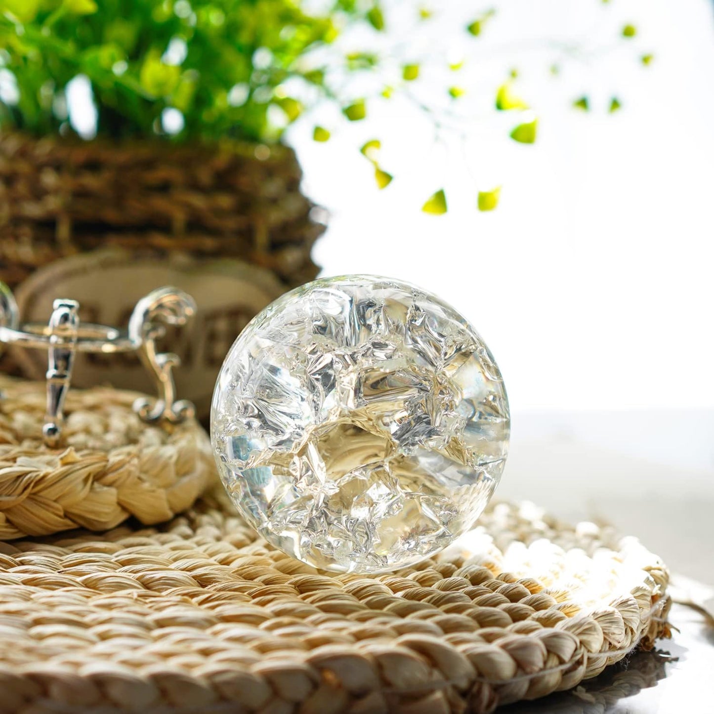 H&D HYALINE & DORA 60mm ICE Broken Crystal Ball Paperweight, Crystal Glass Ball with Stand, Home Decoration Fengshui Accessories Rock Garden Ornament