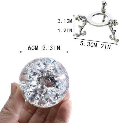H&D HYALINE & DORA 60mm ICE Broken Crystal Ball Paperweight, Crystal Glass Ball with Stand, Home Decoration Fengshui Accessories Rock Garden Ornament