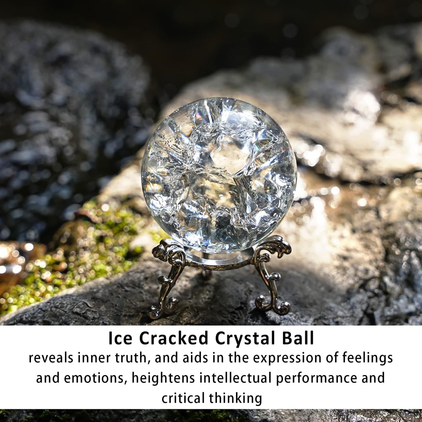 H&D HYALINE & DORA 60mm ICE Broken Crystal Ball Paperweight, Crystal Glass Ball with Stand, Home Decoration Fengshui Accessories Rock Garden Ornament