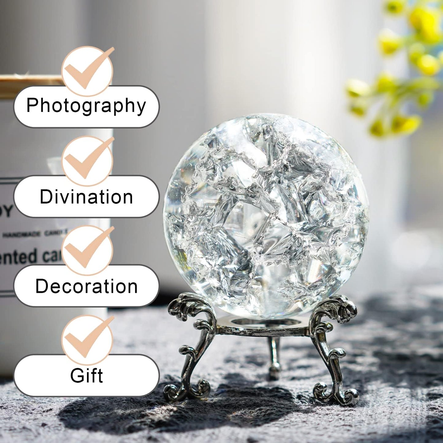 H&D HYALINE & DORA 60mm ICE Broken Crystal Ball Paperweight, Crystal Glass Ball with Stand, Home Decoration Fengshui Accessories Rock Garden Ornament
