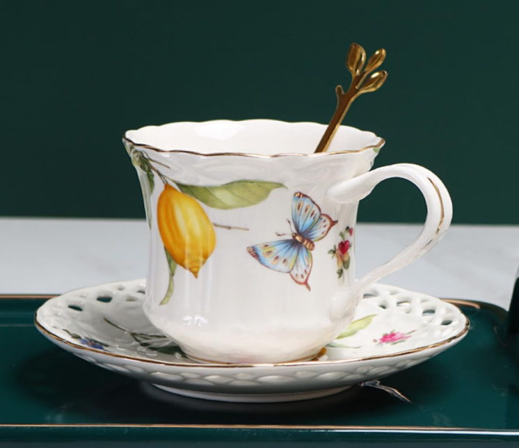 KANPURA Floral Crockery Drinking Cups, Hollow Cutout Porcelain Tea Cup with Matching Saucer, Lemon Butterfly Pattern Bone China Crockery Drinking Cups for Daily Coffee Serving