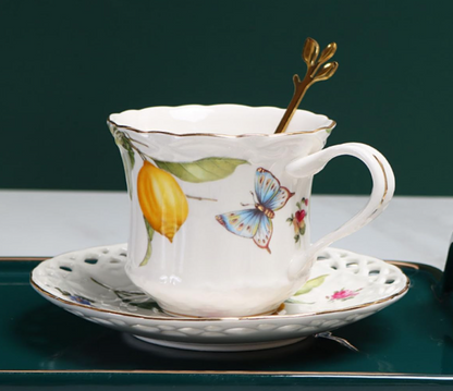 KANPURA Floral Crockery Drinking Cups, Hollow Cutout Porcelain Tea Cup with Matching Saucer, Lemon Butterfly Pattern Bone China Crockery Drinking Cups for Daily Coffee Serving