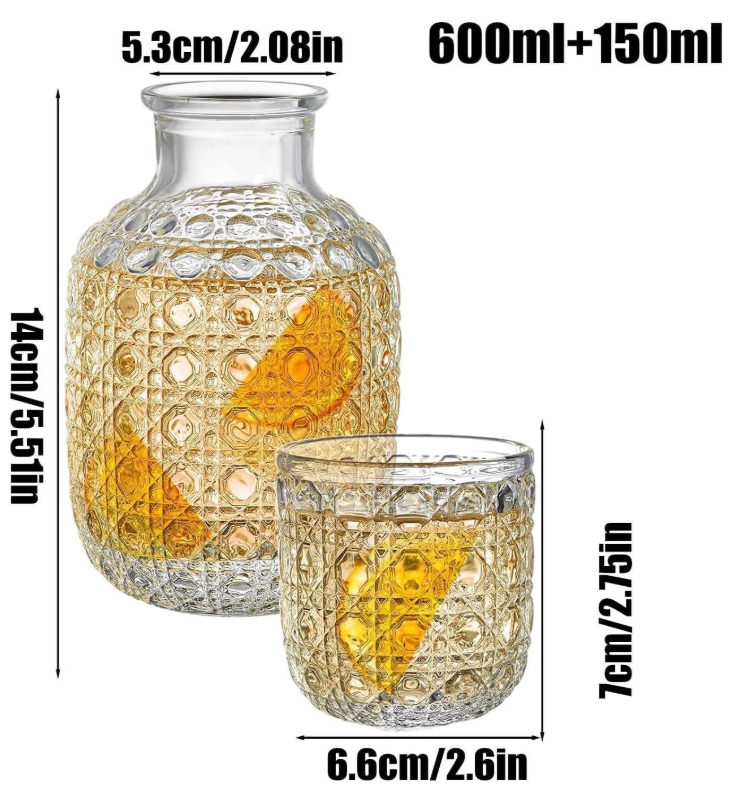 QFkris Embossed Glass Pitchers Set, Vintage Diamond Textured Beverage Carafe with Matching Drinking Cup for Juice Water Whiskey Iced Tea