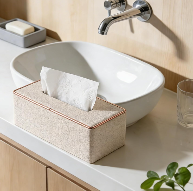 KANPURA Boxes for dispensing paper towels for household use, Light Linen Textured Rectangular Tissue Box Holder with Gold Trim, Flip Top Decorative Napkin Dispenser for Kitchen Bathroom Tabletop