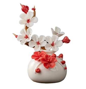 QFkris Works of Art of China, Hand Sculpted Plum Blossom Porcelain Vase Set, Mini Glossy White Porcelain Bottle with Handmade Ceramic Floral Branch, Oriental Porcelain Art Tabletop Decor Ornament