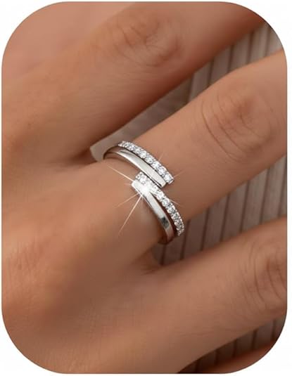 H&D HYALINE & DORA 2Pcs 14K Gold Plated Stackable Rings for Women Non Tarnish,Dainty Cubic Zirconia Wedding Bands Ring Set Trendy Minimalist Statement Engagement Promise Rings,Adjustable Stacking Jewelry
