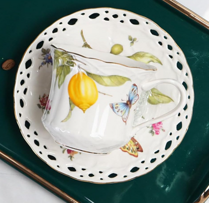KANPURA Floral Crockery Drinking Cups, Hollow Cutout Porcelain Tea Cup with Matching Saucer, Lemon Butterfly Pattern Bone China Crockery Drinking Cups for Daily Coffee Serving