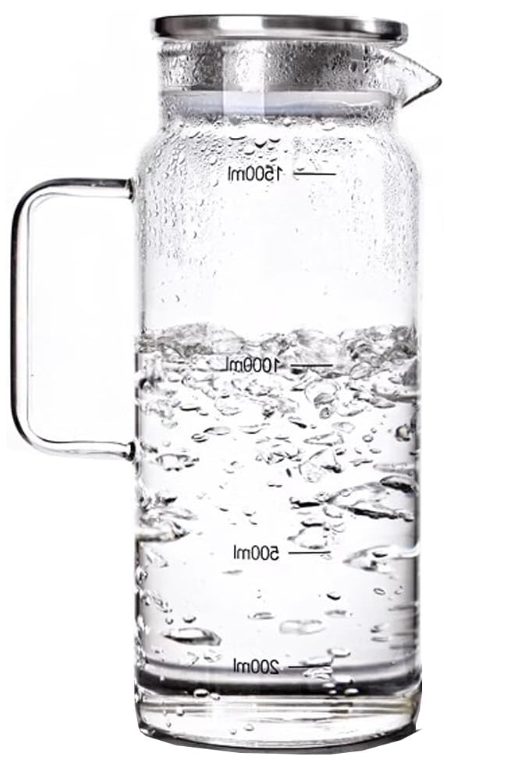 QFkris 1.5L Borosilicate Glass Water Jug, 1.5 Liter Beverage Pitcher with Measuring Scale Markings and Airtight Stainless Steel Lid