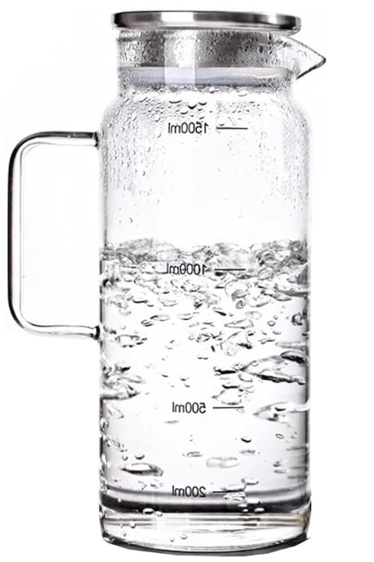 QFkris 1.5L Borosilicate Glass Water Jug, 1.5 Liter Beverage Pitcher with Measuring Scale Markings and Airtight Stainless Steel Lid