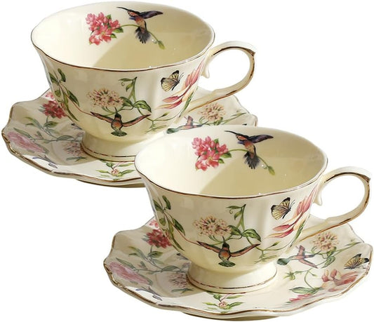 suncatcher Tea Cups and Saucers Set of 2,8.4oz Vintage Floral Tea Cup with Gold Trim,Porcelain Tea Set Coffee Espresso Mugs, Ceramic Coffee Cup with Saucers for Afternoon Tea Party