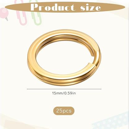 H&D HYALINE & DORA 25 Pcs Brass Flat Split Key Rings, 0.59 Inch 15 mm Diameter Round Split Keychain Rings for Home Car Dog Tag Office DIY Crafts Keys Attachment Golden