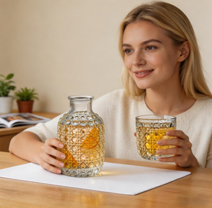 QFkris Embossed Glass Pitchers Set, Vintage Diamond Textured Beverage Carafe with Matching Drinking Cup for Juice Water Whiskey Iced Tea