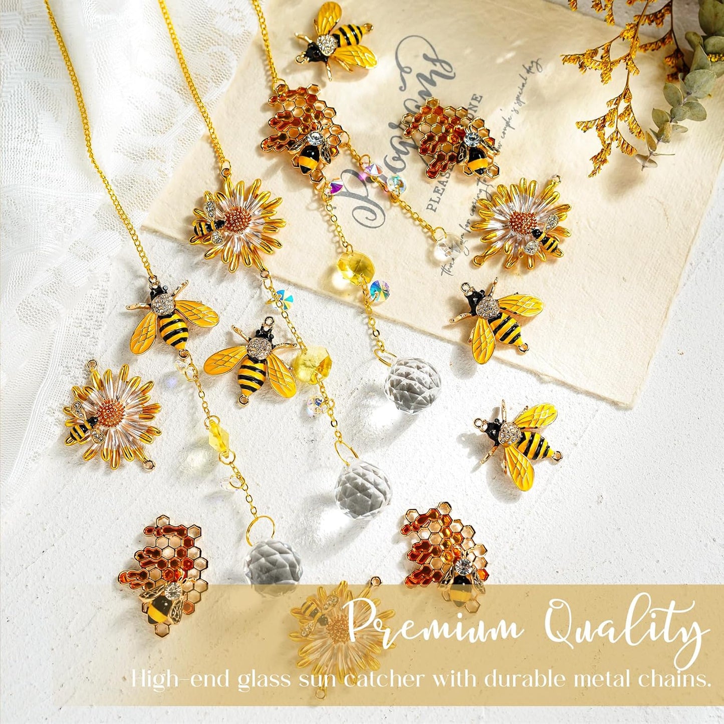 H&D HYALINE & DORA 3 Pack Sun Catcher Crystal Honeycomb Bee Ornaments Crystals Bumblebee Honeycomb with Glass Prisms Decor Garden Suncatcher Window Hanging Gifts for Women,Bee Lovers