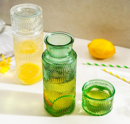 KANPURA Glass Pitchers, 28.5OZ Vintage Embossed Green Water Pitcher with 6.5OZ Matching Cup Lid, Textured Beverage Carafe for Juice Iced Tea Lemonade