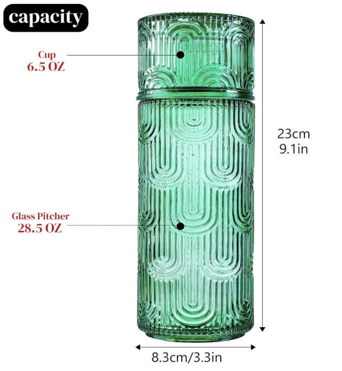 KANPURA Glass Pitchers, 28.5OZ Vintage Embossed Green Water Pitcher with 6.5OZ Matching Cup Lid, Textured Beverage Carafe for Juice Iced Tea Lemonade