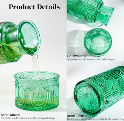 KANPURA Glass Pitchers, 28.5OZ Vintage Embossed Green Water Pitcher with 6.5OZ Matching Cup Lid, Textured Beverage Carafe for Juice Iced Tea Lemonade