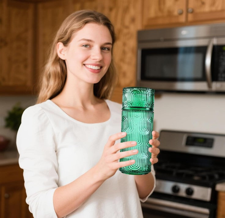 KANPURA Glass Pitchers, 28.5OZ Vintage Embossed Green Water Pitcher with 6.5OZ Matching Cup Lid, Textured Beverage Carafe for Juice Iced Tea Lemonade