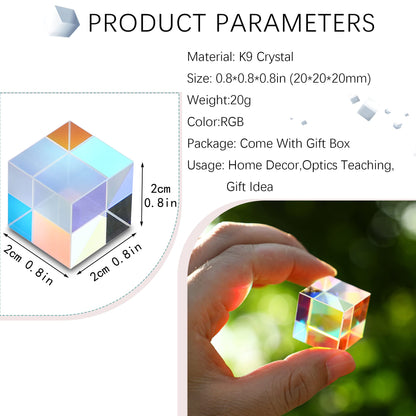 HDCRYSTALGIFTS 20mm Crystal Glass Prism Cube RGB Dispersion Optical Glass X-Cube Prism for Teaching Light Spectrum Physics Gift of Light