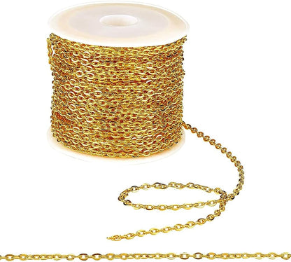 H&D HYALINE & DORA 33 ft Necklace Chains 2.2mm Golden Iron Cross Chains Link Flat O-Shaped Cable Chains Craft Jewelry Chain for DIY Necklace Bracelet Jewelry Making Valentine, 3x2.2x0.6mm