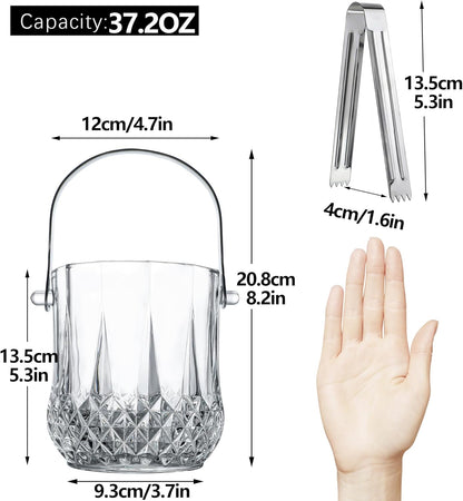 suncatcher  Glass Ice Bucket with Handle and Ice Tong Holds 37oz of Ice Clear Crystal Ice Buckets for Cocktail Bar Wine Home Bar Accessories Parties Clear Champagne Bucket