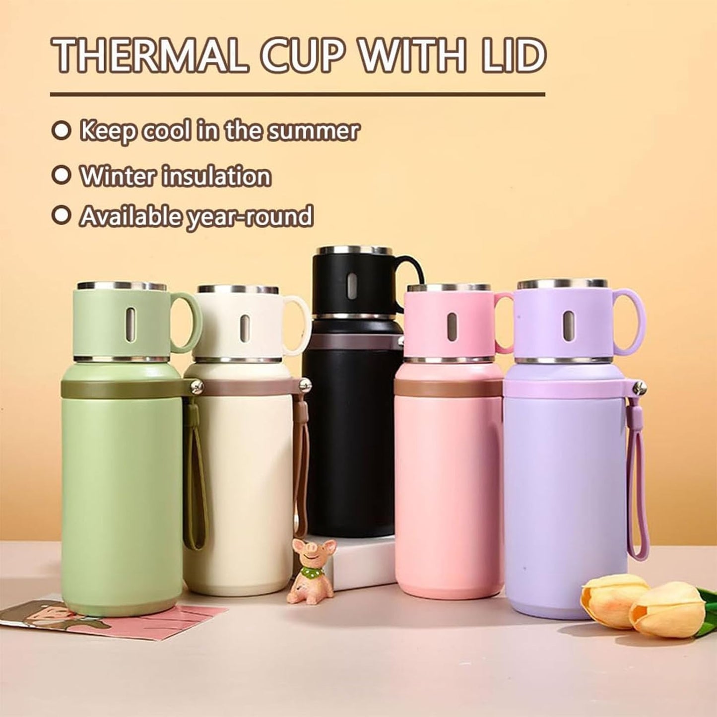 suncatcher 2 In 1 Stainless Steel Vacuum Insulated Bottle with Lidded Cup, Double Layer Insulated Drinkware Bottles, Leakproof Large Capacity Coffee Bottles Thermal Flask, for Travel, School