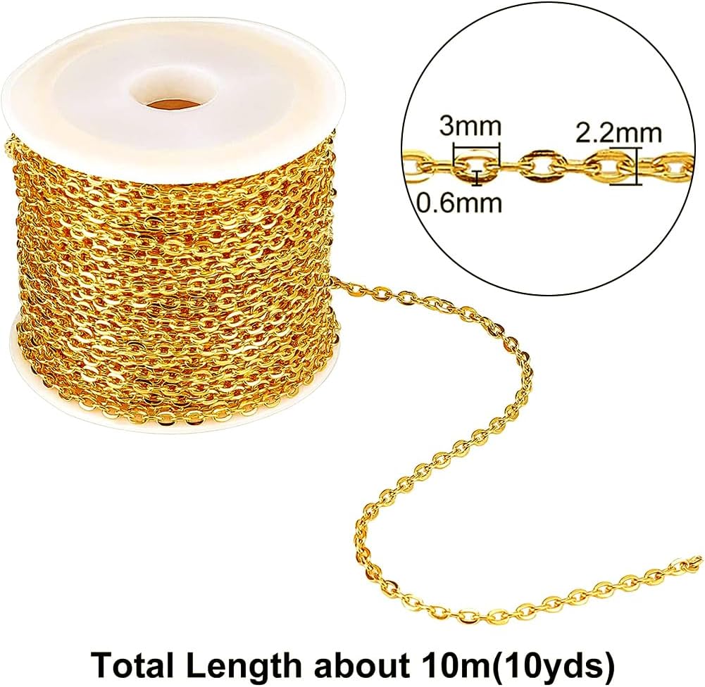 H&D HYALINE & DORA 33 ft Necklace Chains 2.2mm Golden Iron Cross Chains Link Flat O-Shaped Cable Chains Craft Jewelry Chain for DIY Necklace Bracelet Jewelry Making Valentine, 3x2.2x0.6mm
