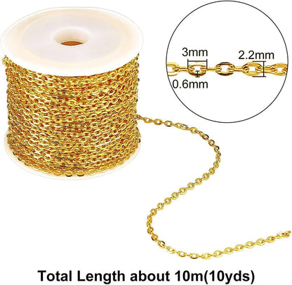 H&D HYALINE & DORA 33 ft Necklace Chains 2.2mm Golden Iron Cross Chains Link Flat O-Shaped Cable Chains Craft Jewelry Chain for DIY Necklace Bracelet Jewelry Making Valentine, 3x2.2x0.6mm