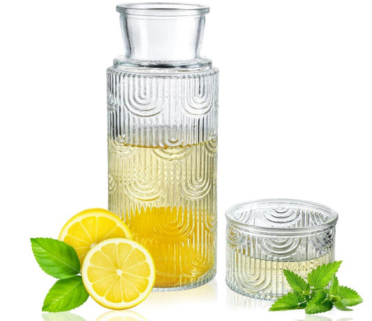 KANPURA Glass Jugs, 28.5OZ Embossed Glass Pitcher with 6.5OZ Matching Cup Set, Vintage Textured Water Carafe for Juice, Iced Tea, Beverage Serving