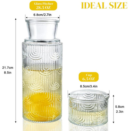 KANPURA Glass Jugs, 28.5OZ Embossed Glass Pitcher with 6.5OZ Matching Cup Set, Vintage Textured Water Carafe for Juice, Iced Tea, Beverage Serving