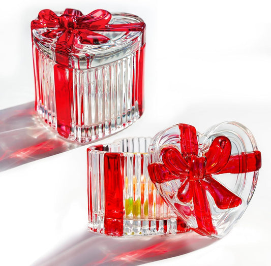 suncatcher 2 Pack Vintage Glass Heart Boxes - Candy Dish & Trinket Storage with Lid, Decorative Gift for Women & Girls (Red & Clear)